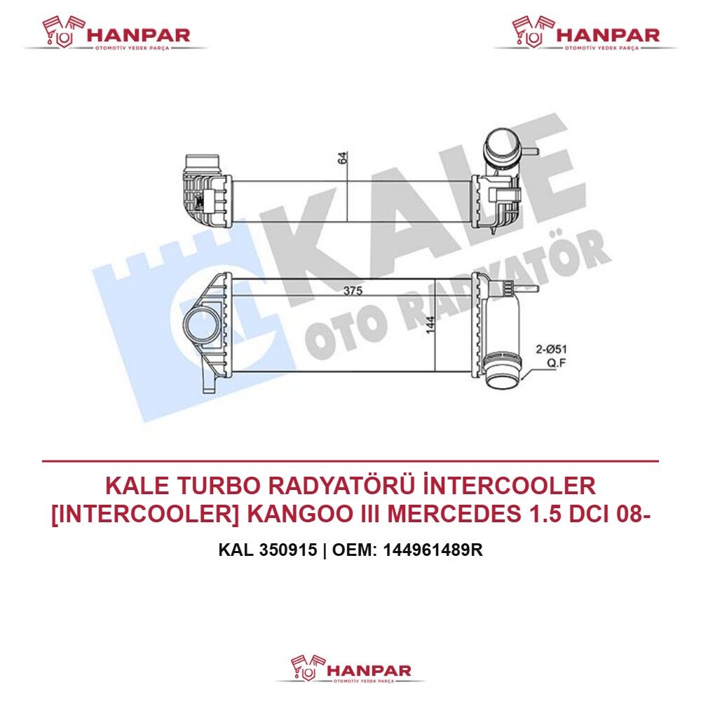 KALE TURBO RADYATÖRÜ İNTERCOOLER [INTERCOOLER] KANGOO III MERCEDES 1.5 DCI 08-