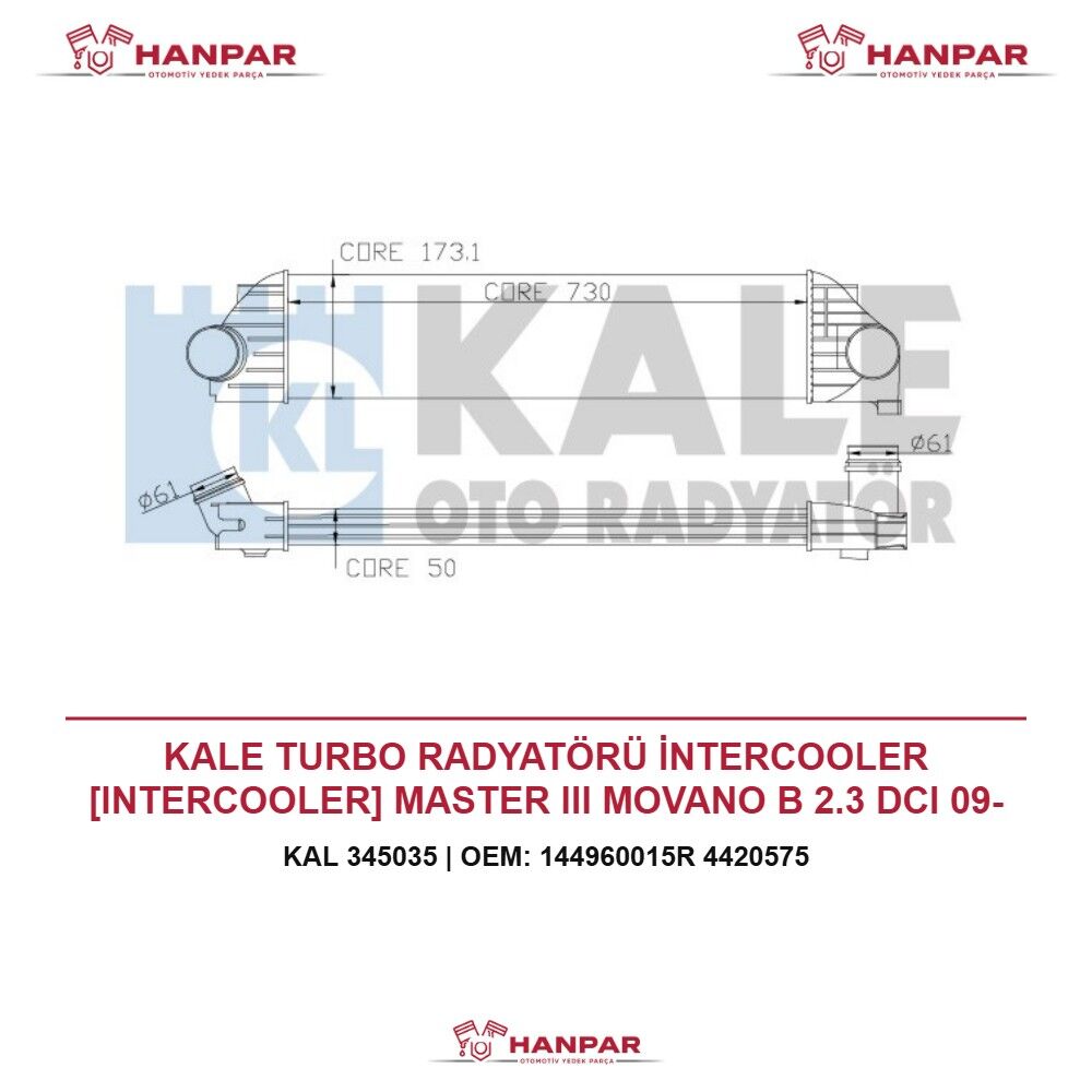 KALE TURBO RADYATÖRÜ İNTERCOOLER [INTERCOOLER] MASTER III MOVANO B 2.3 DCI 09-