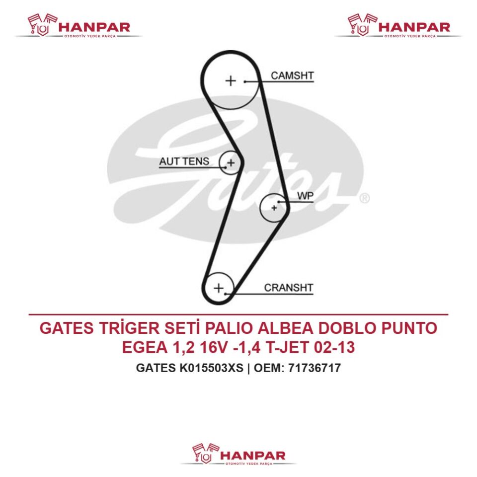GATES TRİGER SETİ PALIO ALBEA DOBLO PUNTO EGEA 1,2 16V -1,4 T-JET 02-13