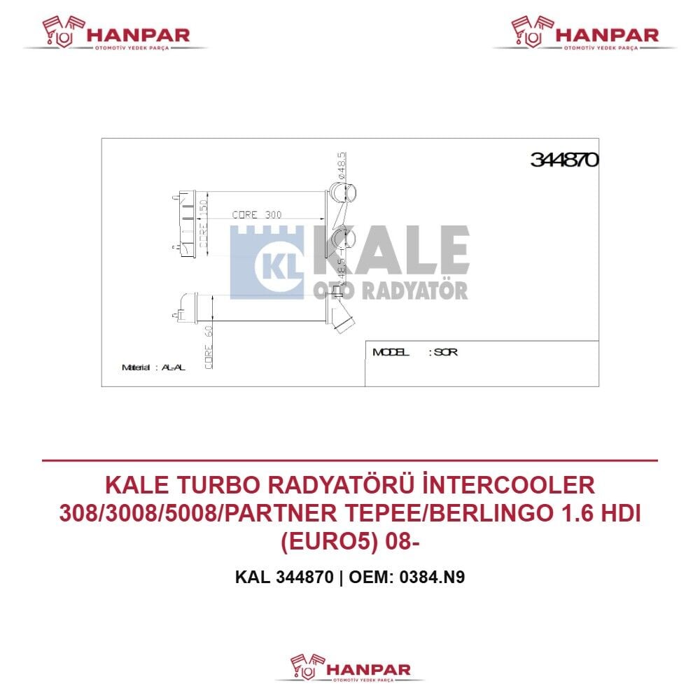 KALE TURBO RADYATÖRÜ İNTERCOOLER 308/3008/5008/PARTNER TEPEE/BERLINGO 1.6 HDI (EURO5) 08-