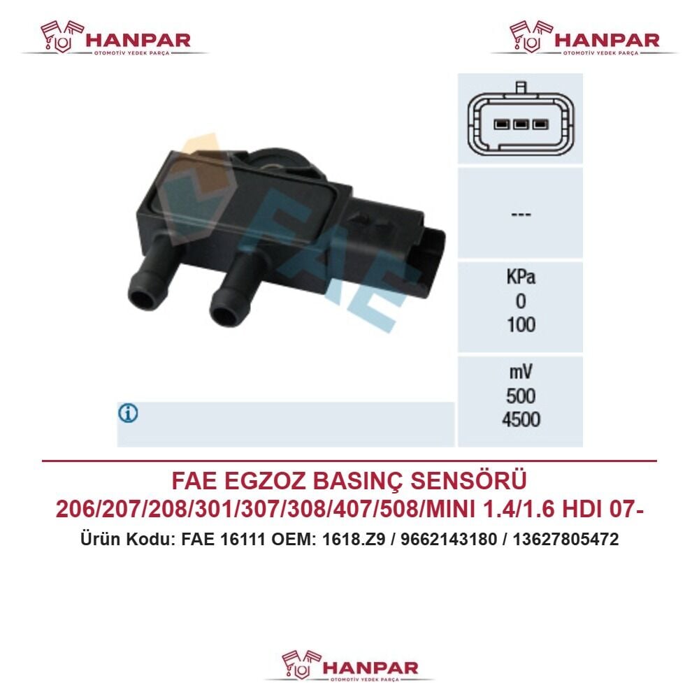 FAE EGZOZ BASINÇ SENSÖRÜ 206/207/208/301/307/308/407/508/MINI 1.4/1.6 HDI 07-