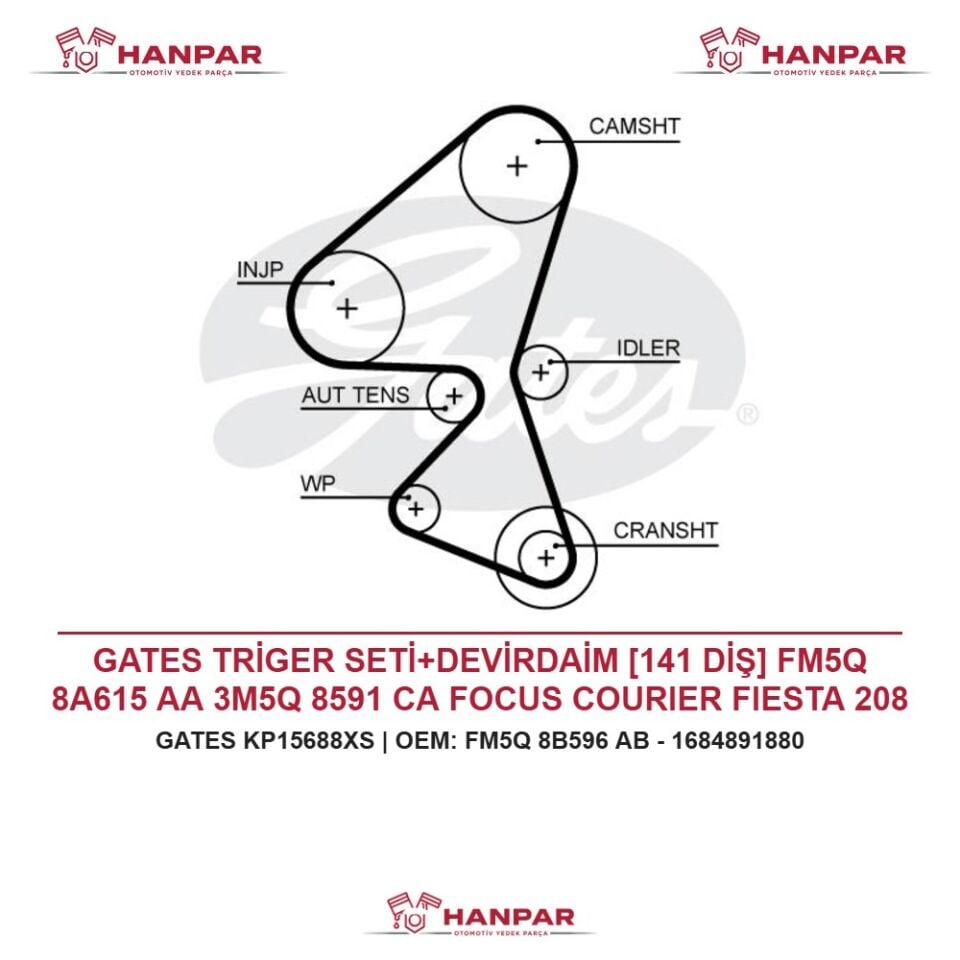GATES TRİGER SETİ+DEVİRDAİM [141 DİŞ] FM5Q 8A615 AA 3M5Q 8591 CA FOCUS COURIER FIESTA 208 308 2008 3008 C3 C4 BERLINGI CROSSLAND X COMBO E 1.5 1.6 TDCI HDI 14-