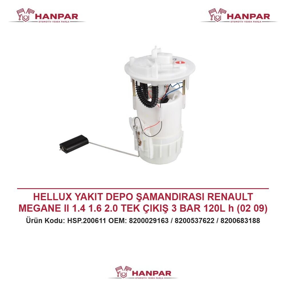 HELLUX YAKIT DEPO ŞAMANDIRASI RENAULT MEGANE II 1.4 1.6 2.0 TEK ÇIKIŞ 3 BAR 120L h (02 09) TEK ÇIKIŞ
