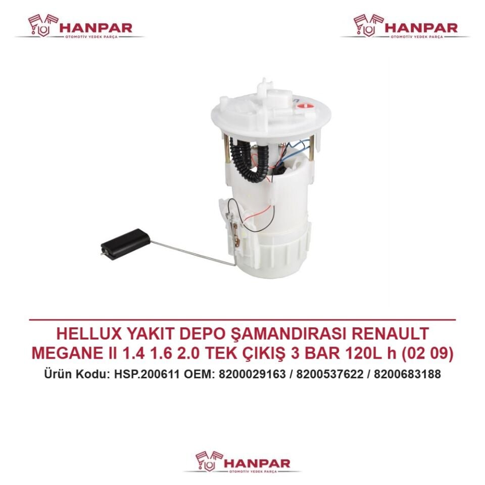 HELLUX YAKIT DEPO ŞAMANDIRASI RENAULT MEGANE II 1.4 1.6 2.0 TEK ÇIKIŞ 3 BAR 120L h (02 09) TEK ÇIKIŞ