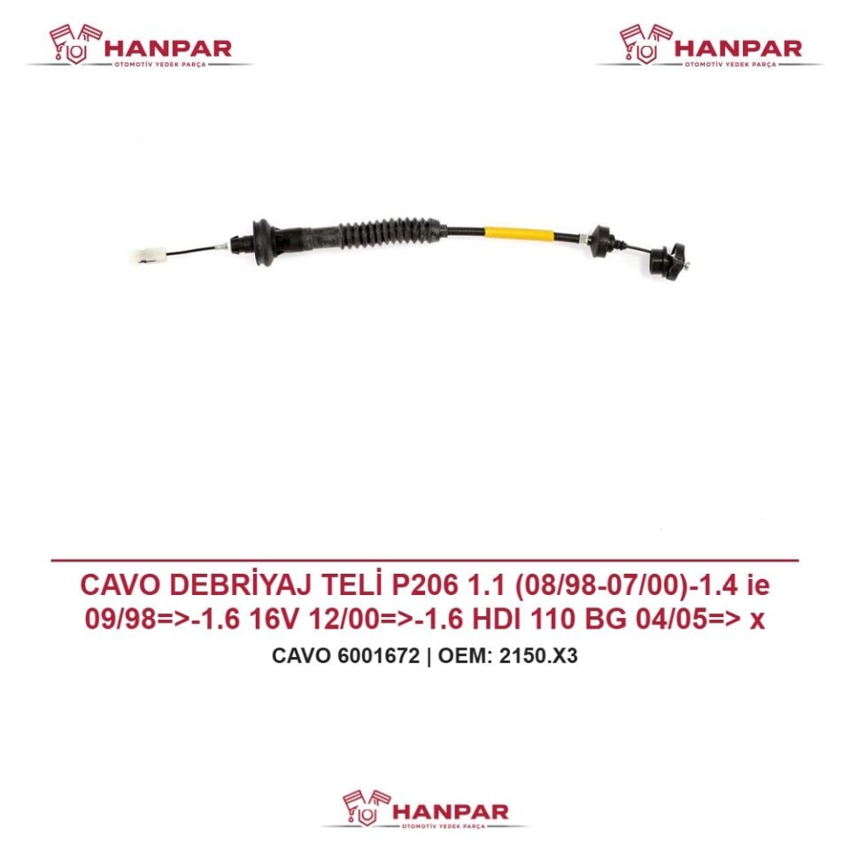 CAVO DEBRİYAJ TELİ P206 1.1 (08/98-07/00)-1.4 ie 09/98=>-1.6 16V 12/00=>-1.6 HDI 110 BG 04/05=> x