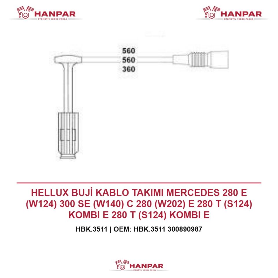 HELLUX BUJİ KABLO TAKIMI MERCEDES 280 E (W124) 300 SE (W140) C 280 (W202) E 280 T (S124) KOMBI E 280 T (S124) KOMBI E