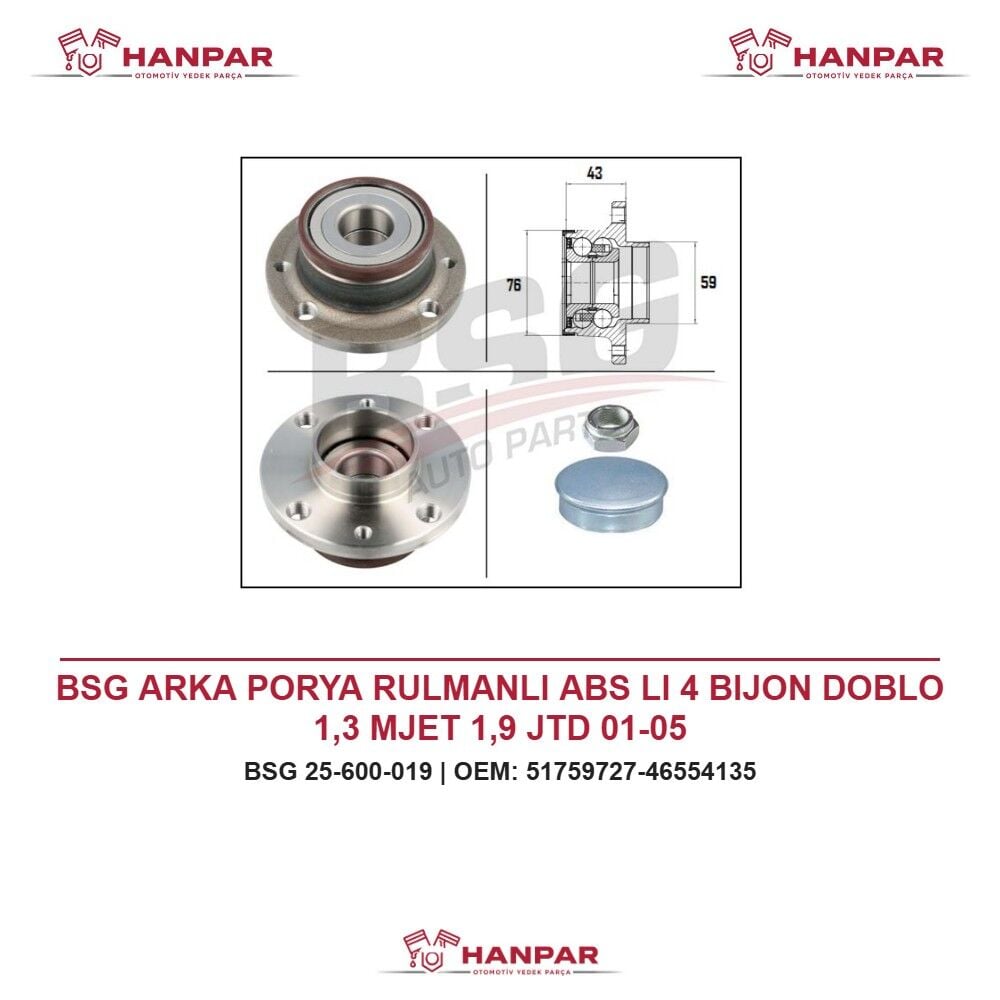 BSG ARKA PORYA RULMANLI ABS LI 4 BIJON DOBLO 1,3 MJET 1,9 JTD 01-05