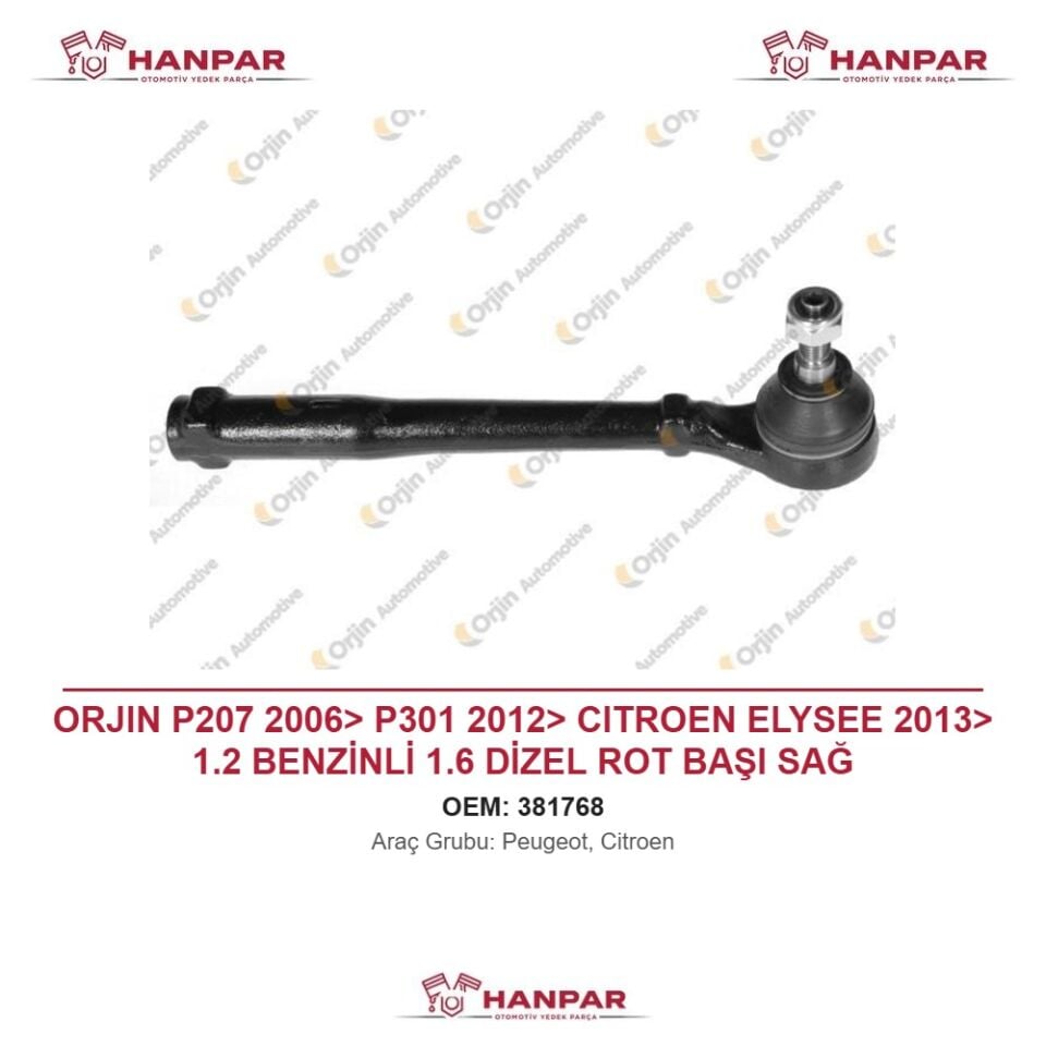 ORJIN P207 2006> P301 2012> CITROEN ELYSEE 2013> 1.2 BENZİNLİ 1.6 DİZEL ROT BAŞI SAĞ