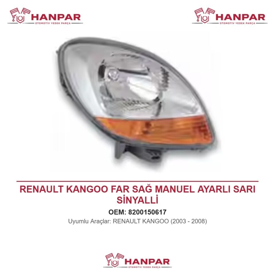 RENAULT KANGOO FAR SAĞ MANUEL AYARLI SARI SİNYALLİ (2003-2008)