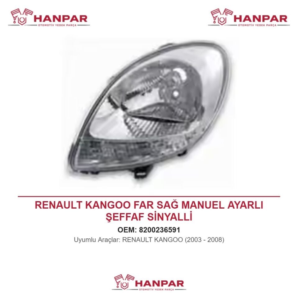 RENAULT KANGOO FAR SAĞ MANUEL AYARLI ŞEFFAF SİNYALLİ (2003-2008)