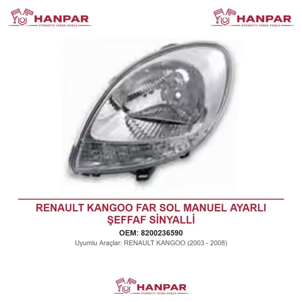 RENAULT KANGOO FAR SOL MANUEL AYARLI ŞEFFAF SİNYALLİ (2003-2008)