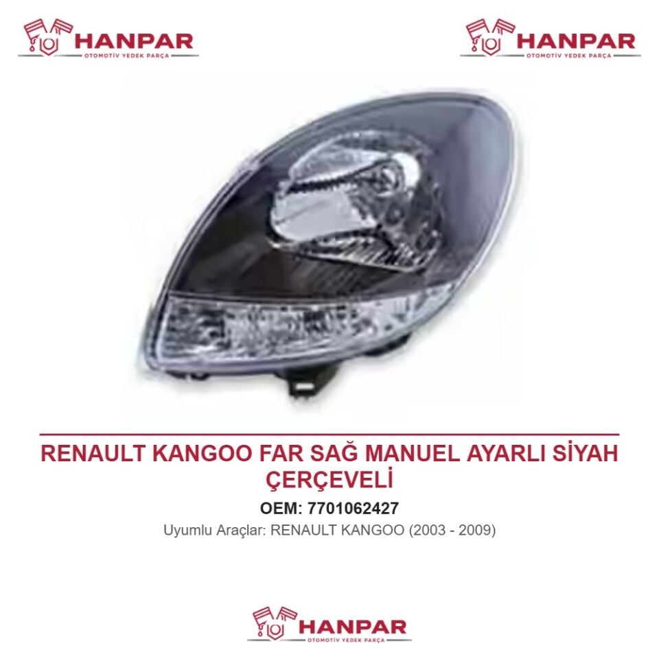 RENAULT KANGOO FAR SAĞ MANUEL AYARLI SİYAH ÇERÇEVELİ (2003-2009)