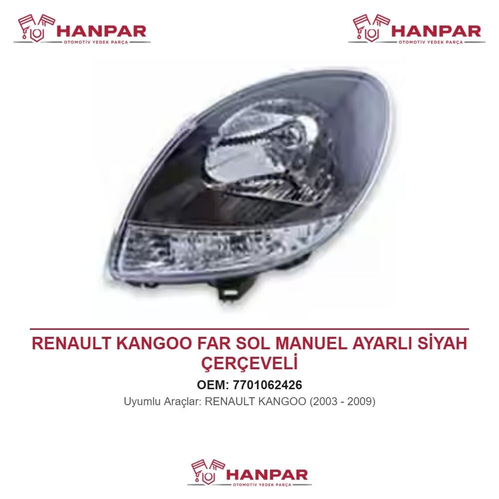 RENAULT KANGOO FAR SOL MANUEL AYARLI SİYAH ÇERÇEVELİ (2003-2009)