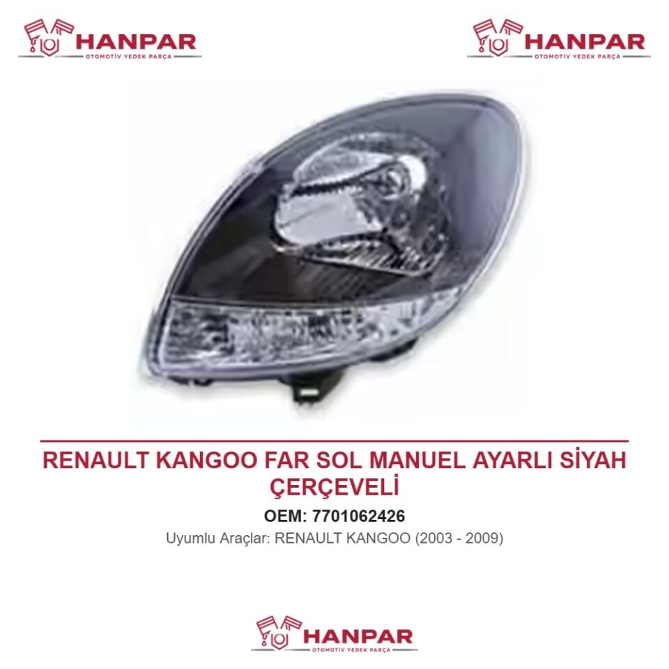 RENAULT KANGOO FAR SOL MANUEL AYARLI SİYAH ÇERÇEVELİ (2003-2009)