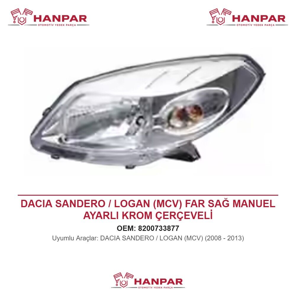 DACIA SANDERO / LOGAN (MCV) FAR SAĞ MANUEL AYARLI KROM ÇERÇEVELİ (2008-2013)