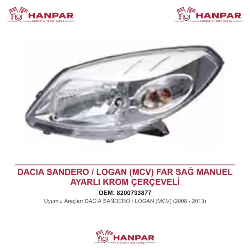 DACIA SANDERO / LOGAN (MCV) FAR SAĞ MANUEL AYARLI KROM ÇERÇEVELİ (2008-2013)