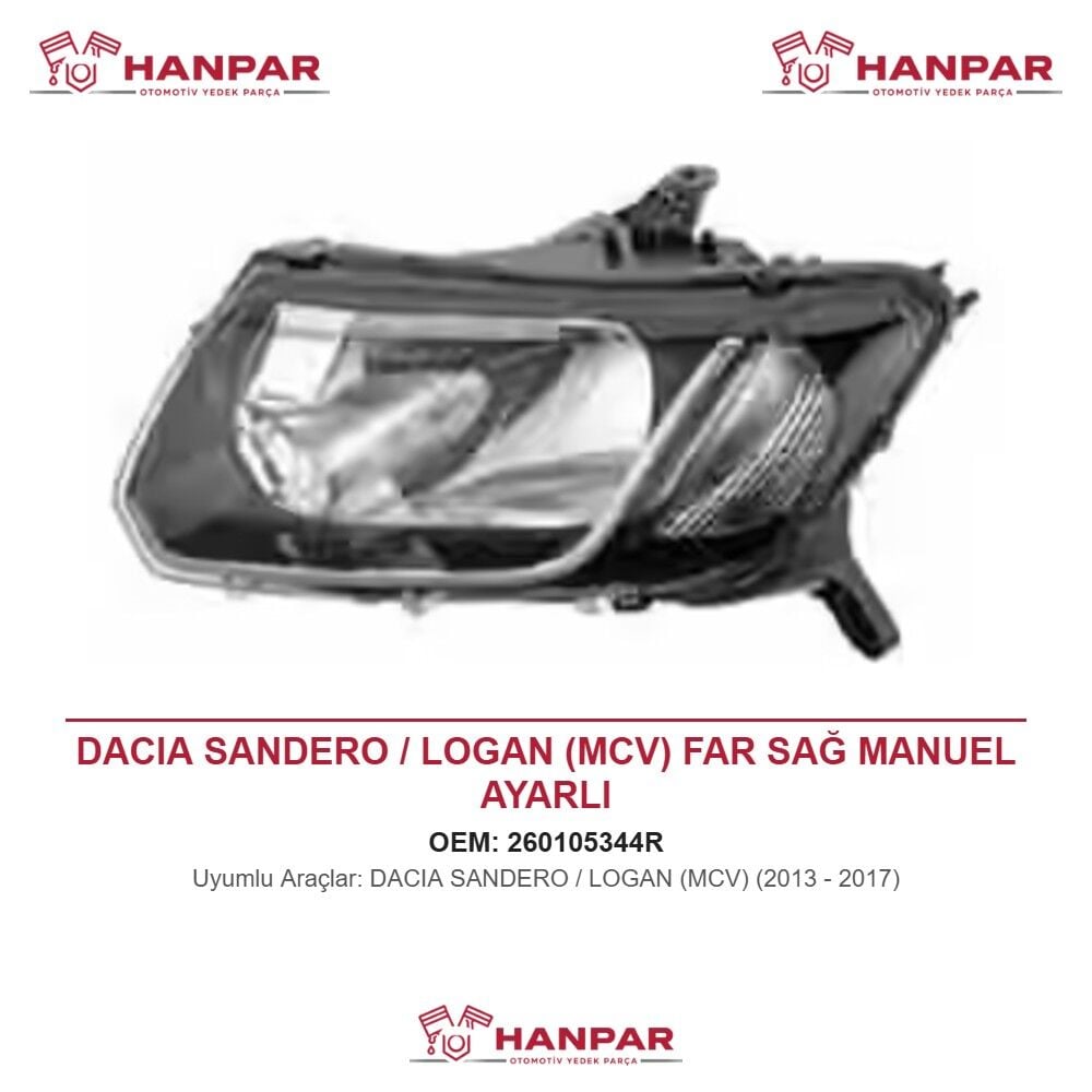 DACIA SANDERO / LOGAN (MCV) FAR SAĞ MANUEL AYARLI (2013-2017)
