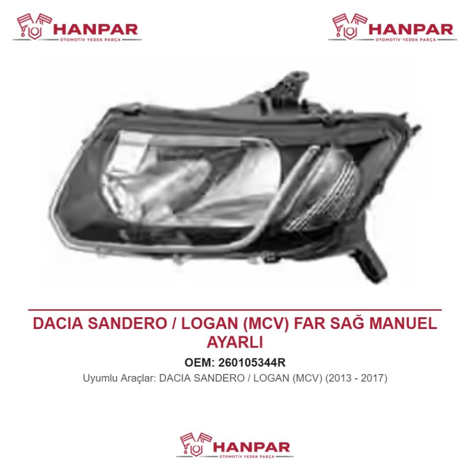 DACIA SANDERO / LOGAN (MCV) FAR SAĞ MANUEL AYARLI (2013-2017)