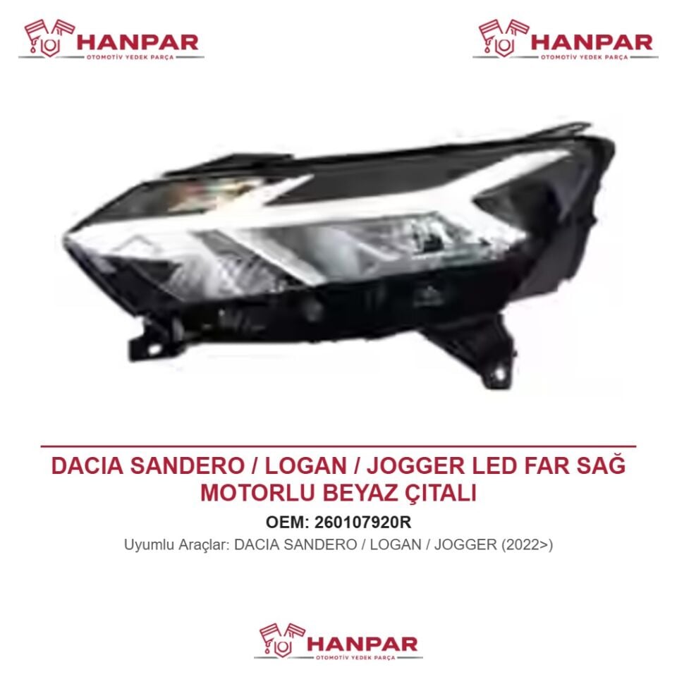 DACIA SANDERO / LOGAN / JOGGER LED FAR SAĞ MOTORLU BEYAZ ÇITALI (2022>)
