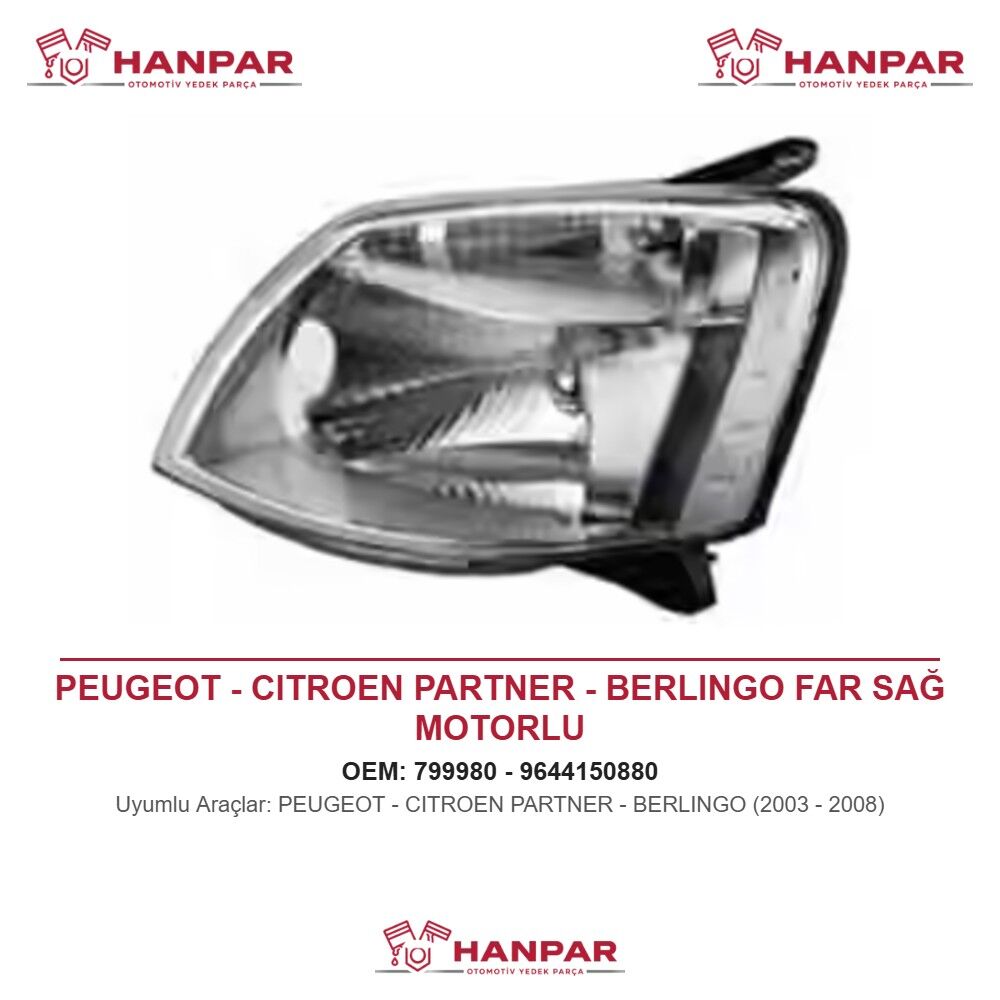 PEUGEOT - CITROEN PARTNER - BERLINGO FAR SAĞ MOTORLU (2003-2008)
