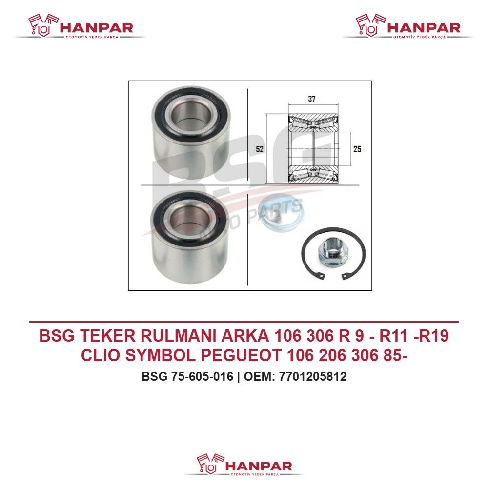 BSG TEKER RULMANI ARKA 106 306 R 9 - R11 -R19 CLIO SYMBOL PEGUEOT 106 206 306 85-
