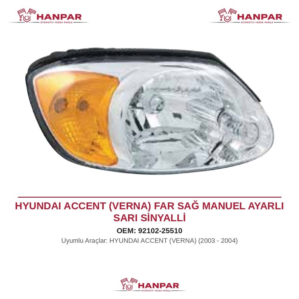 HYUNDAI ACCENT (VERNA) FAR SAĞ MANUEL AYARLI SARI SİNYALLİ (2003-2004)