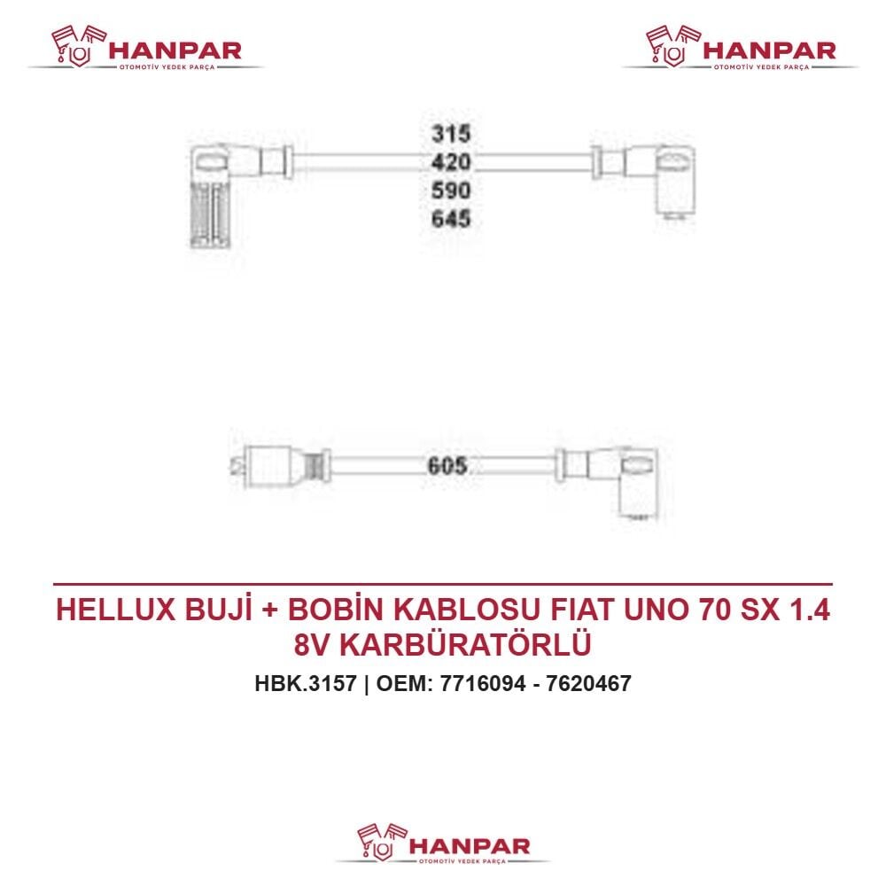 HELLUX BUJİ + BOBİN KABLOSU FIAT UNO 70 SX 1.4 8V KARBÜRATÖRLÜ
