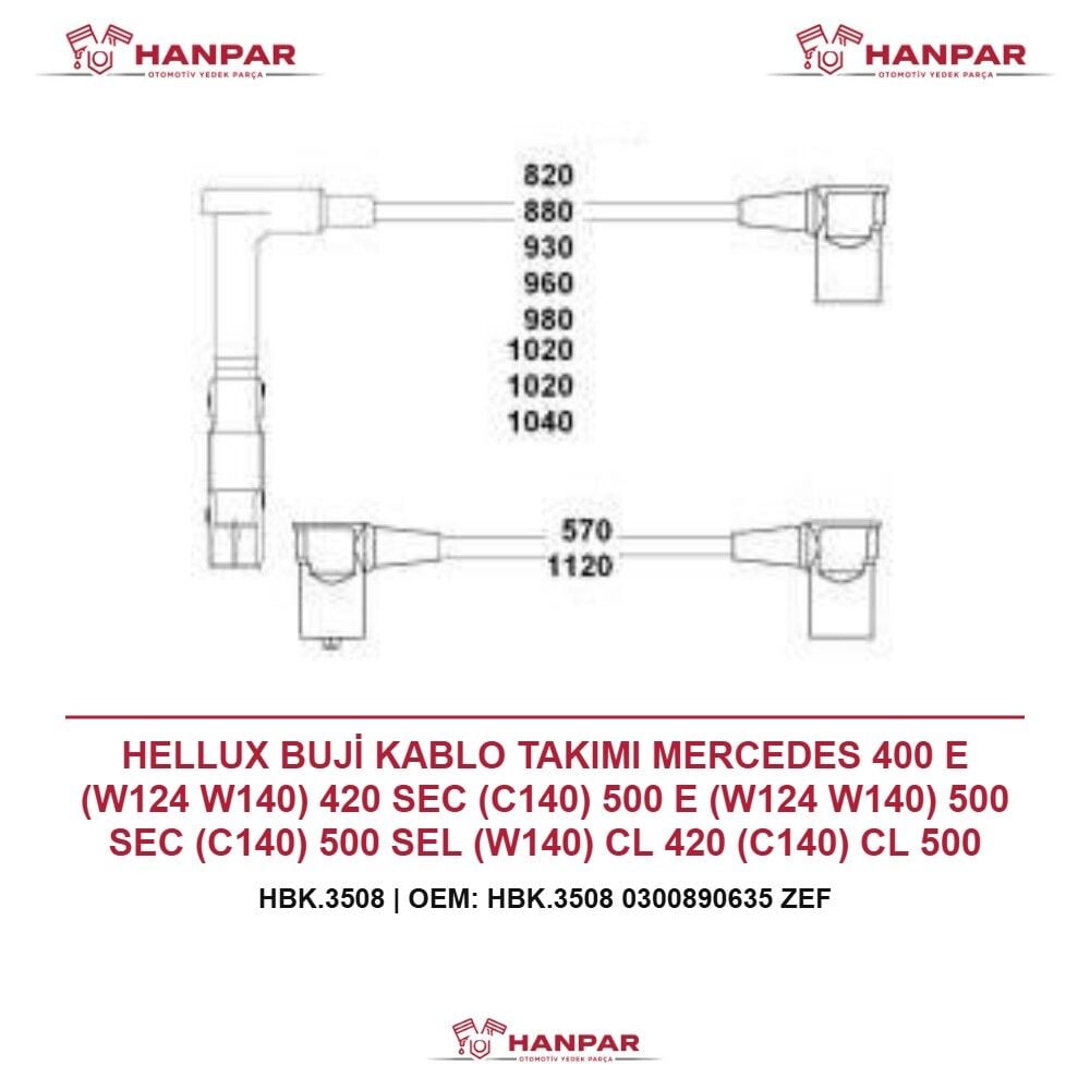 HELLUX BUJİ KABLO TAKIMI MERCEDES 400 E (W124 W140) 420 SEC (C140) 500 E (W124 W140) 500 SEC (C140) 500 SEL (W140) CL 420 (C140) CL 500 (C140) E 420 (W124) E 420 (W210) E 420 T (S210)