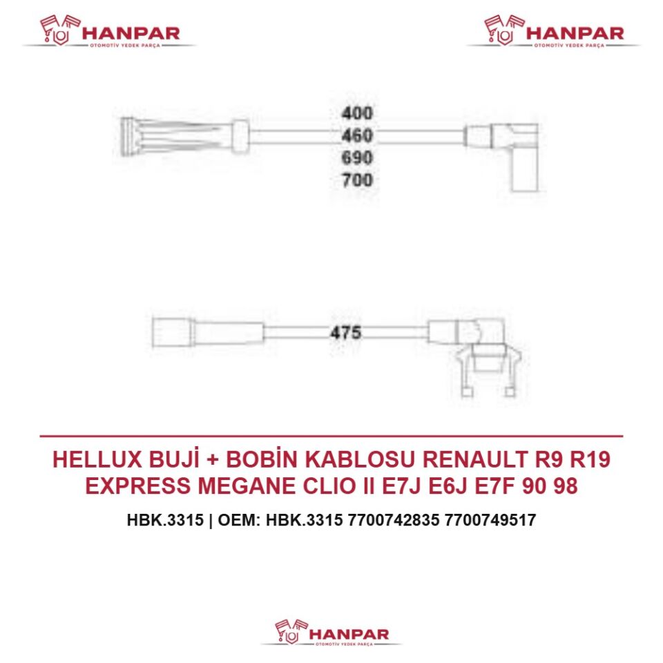 HELLUX BUJİ + BOBİN KABLOSU RENAULT R9 R19 EXPRESS MEGANE CLIO II E7J E6J E7F 90 98