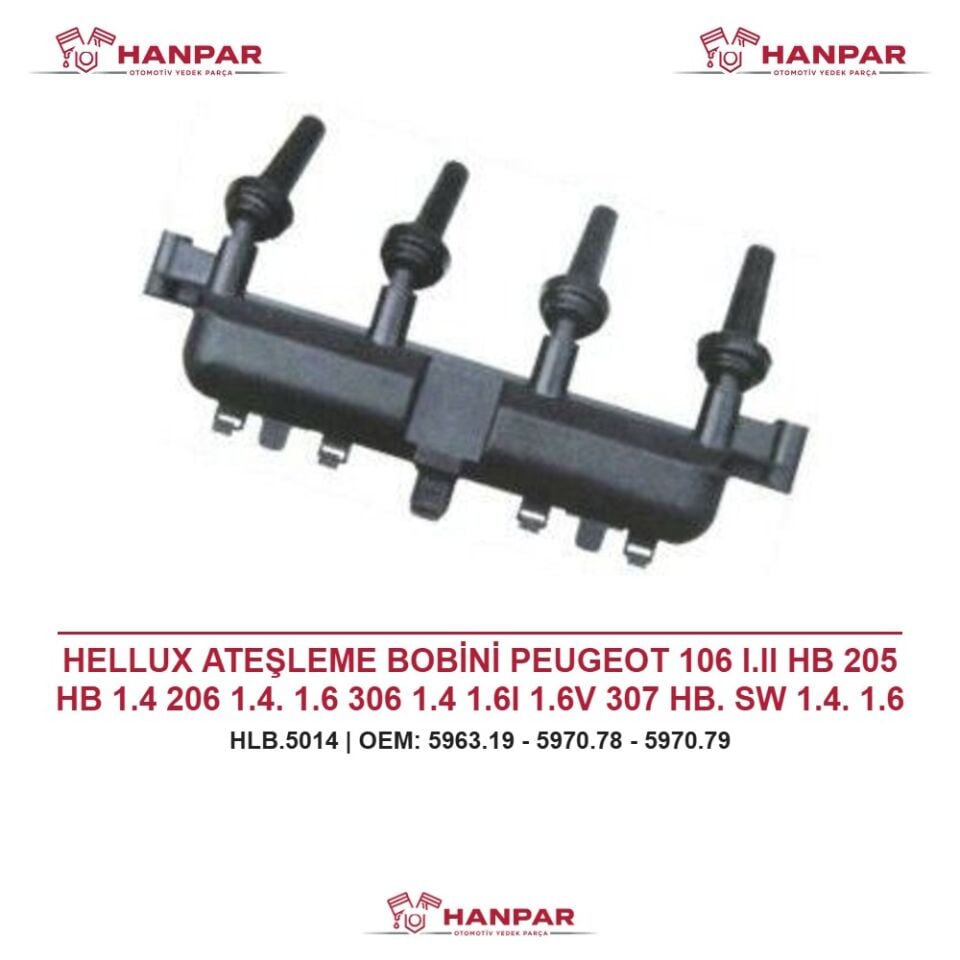 HELLUX ATEŞLEME BOBİNİ PEUGEOT 106 I.II HB 205 HB 1.4 206 1.4. 1.6 306 1.4 1.6I 1.6V 307 HB. SW 1.4. 1.6 405 PARTNER 1.4 GRI SOKET CITROEN BERLINGO 1.4. 1.6 XSARA 1.4. 1.6 C2 C3 GRI SOKET