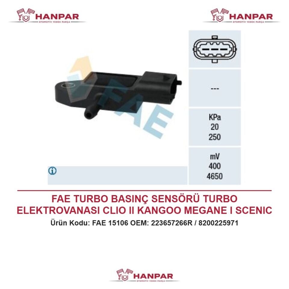 FAE TURBO BASINÇ SENSÖRÜ TURBO ELEKTROVANASI CLIO II KANGOO MEGANE I SCENIC I LOGAN SANDERO TRAFIC II 1.5DCI - 1.9DCI 01-